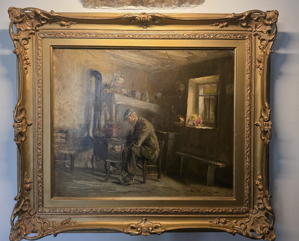 André Albert Leroux. Scène d'intérieur de ferme. Huile sur toile