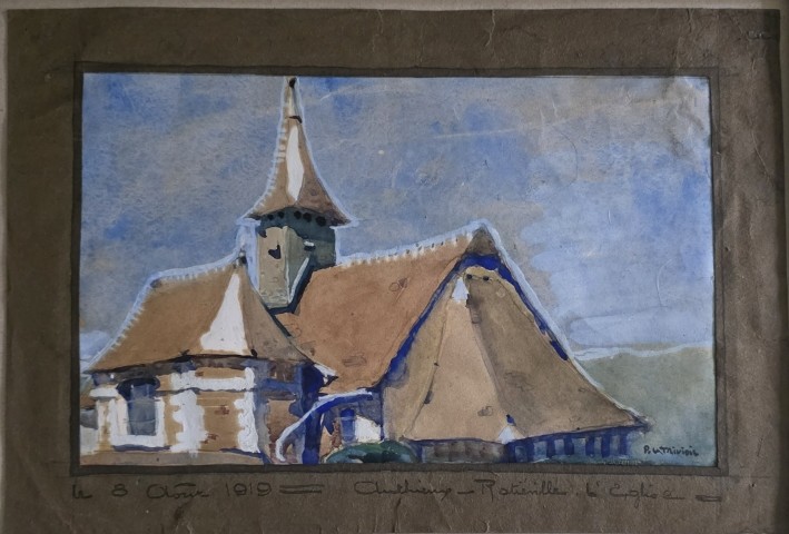 Pierre Le Trividic ( Ecole de Rouen ). La chapelle d'Authieux-Ratieville. Aquarelle et gouache