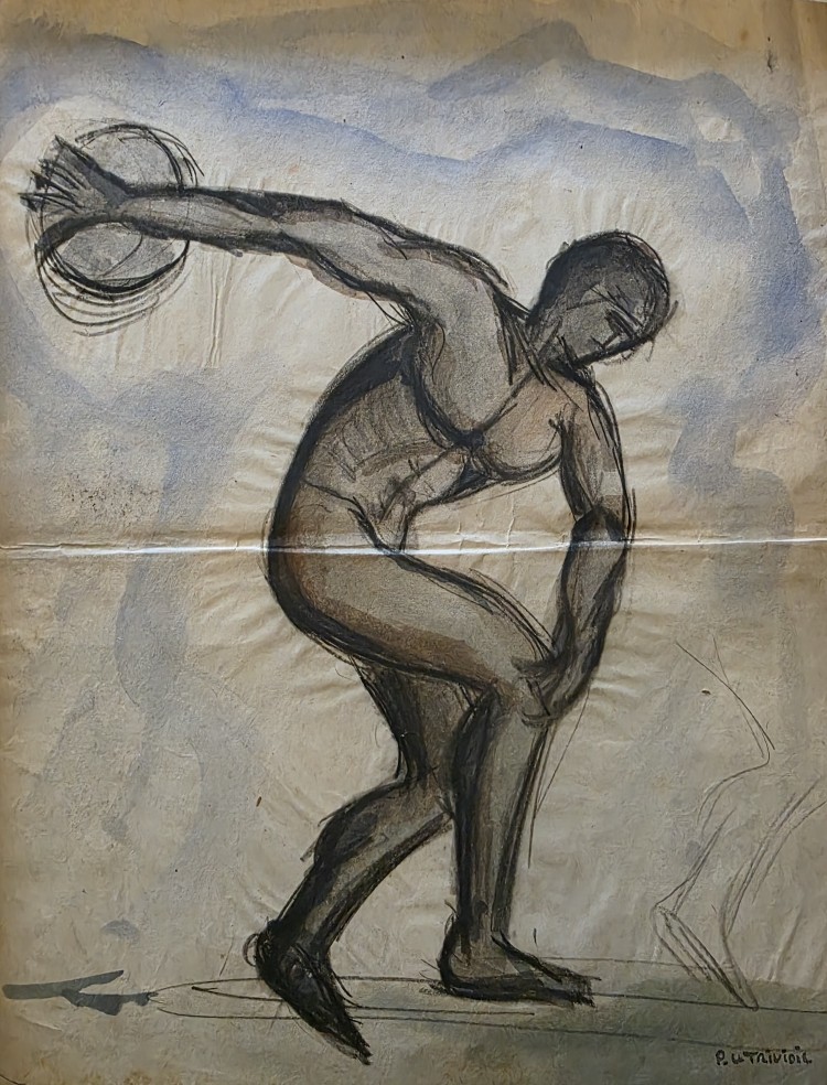 Pierre Le Trividic. The Discobolus. Watercolor And Charcoal.