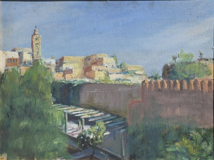 Ecole orientaliste. Remparts et minaret. Huile sur panneau.-photo-2