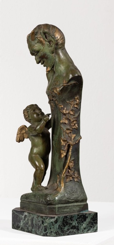 Faun And Cherub. A.vannier. Bronze With Green Patina.-photo-2