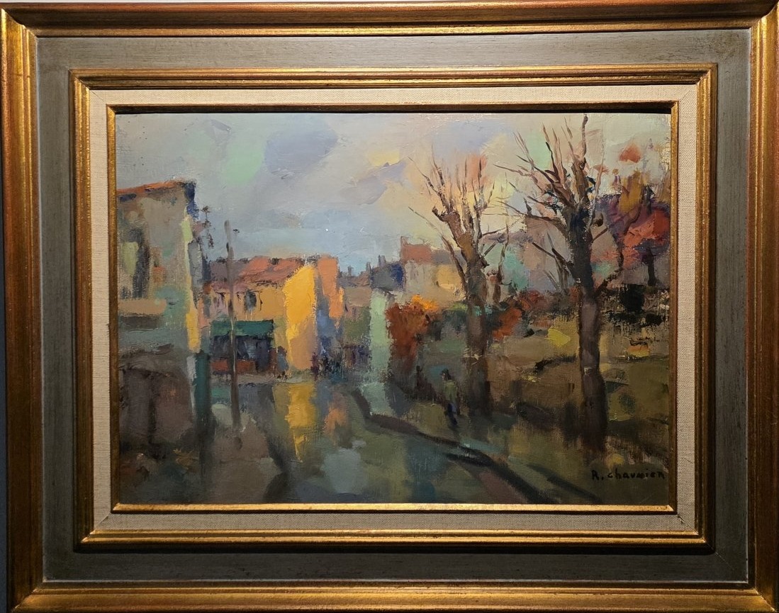R. Chaumier. Rue de village. Huile sur toile.
