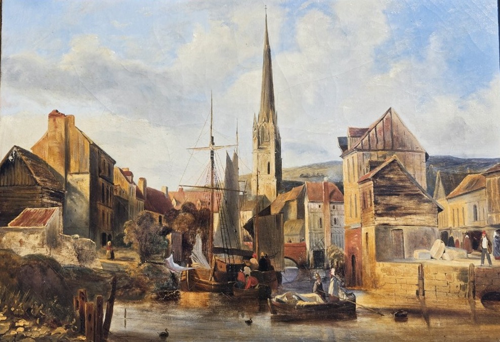 Le port de Harfleur. Huile sur toile 19 ème.-photo-2
