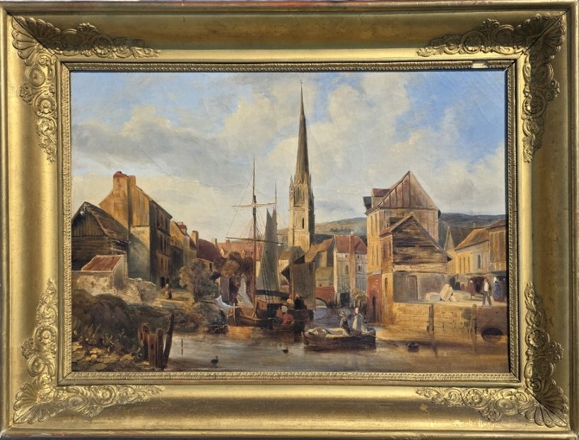 Le port de Harfleur. Huile sur toile 19 ème.