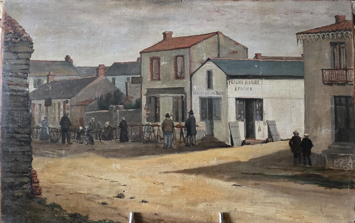 Ecole francaise. Village de Vendée. Huile sur panneau.