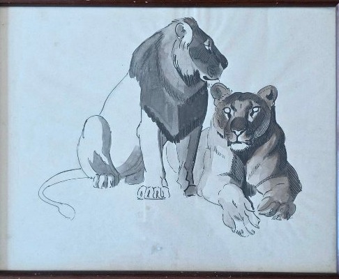 Lion et lionne. Entourage de Guyot.  Lavis.-photo-2