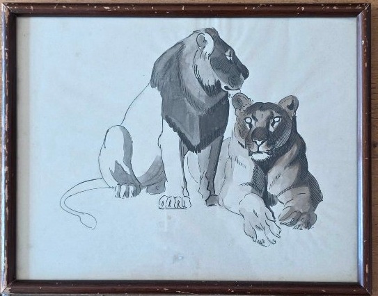 Lion et lionne. Entourage de Guyot.  Lavis.