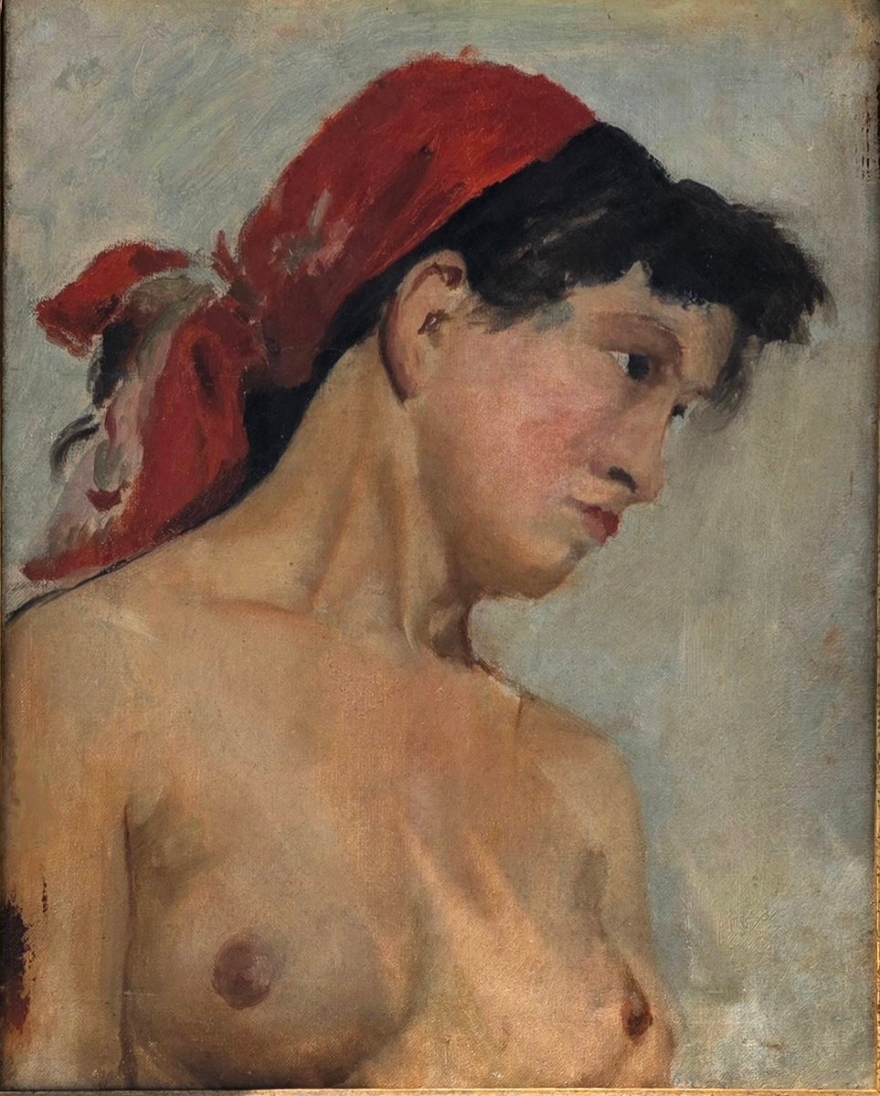 Young Woman With A Red Scarf. French School.-photo-2