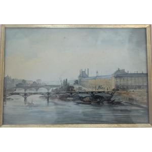 Vue Du Louvre Et De La Seine. Aquarelle 19 ème.