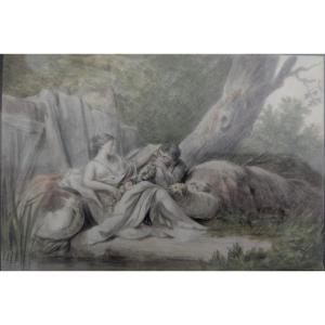 Scène Galante. Aquarelle 19 ème.