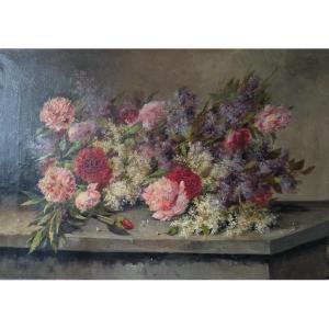 Bouquet de fleurs. Savarol . Grande huile sur toile. 1898