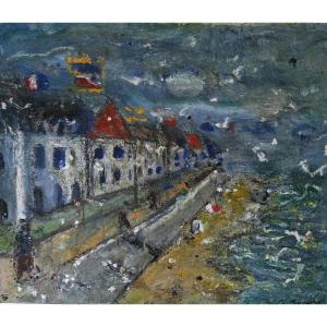Robert Savary. Jour de pluie sur la cote normande. Huile sur toile.