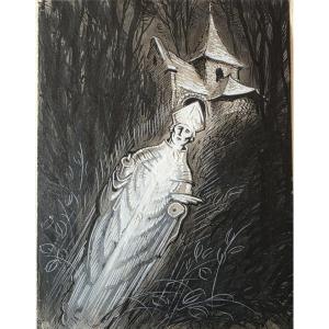 Pierre Le Trividic. Gouache For The Work "at The Feet Of The Cauchois Saints". J. Le Povremoyne.