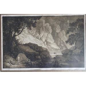 Paysage de montagne animé. Ecole suisse vers 1800. Aquatinte.