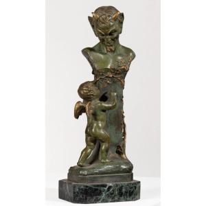 Faun And Cherub. A.vannier. Bronze With Green Patina.