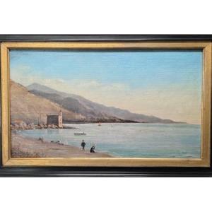 View Of The Beach At Menton. Paul Dupont. 1880.