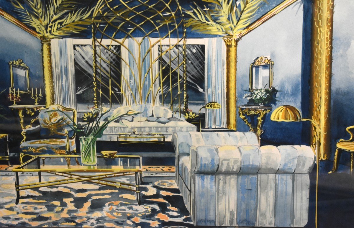 Gouache Painting Interior Decoration Project Baguès House 20th-photo-4