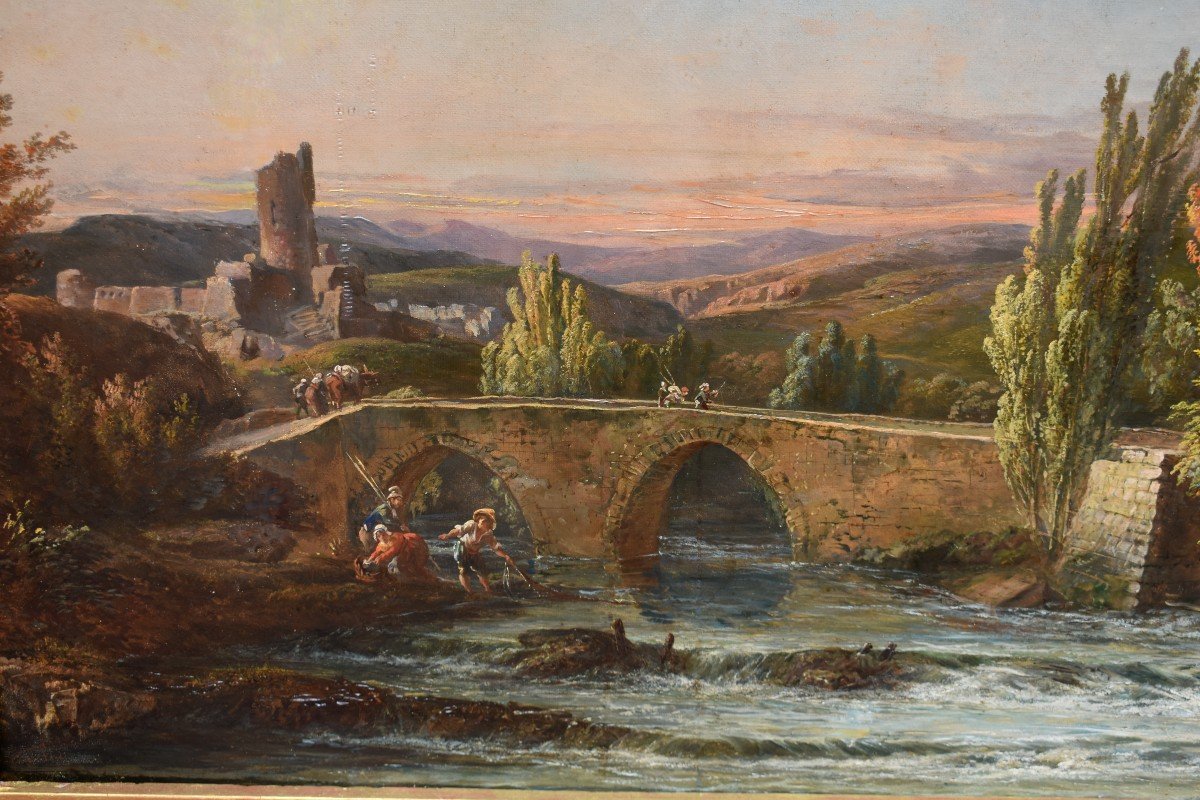 Oil Painting Animated Landscape Characters Fishermen, Fish Signed Italian School 19th-photo-2