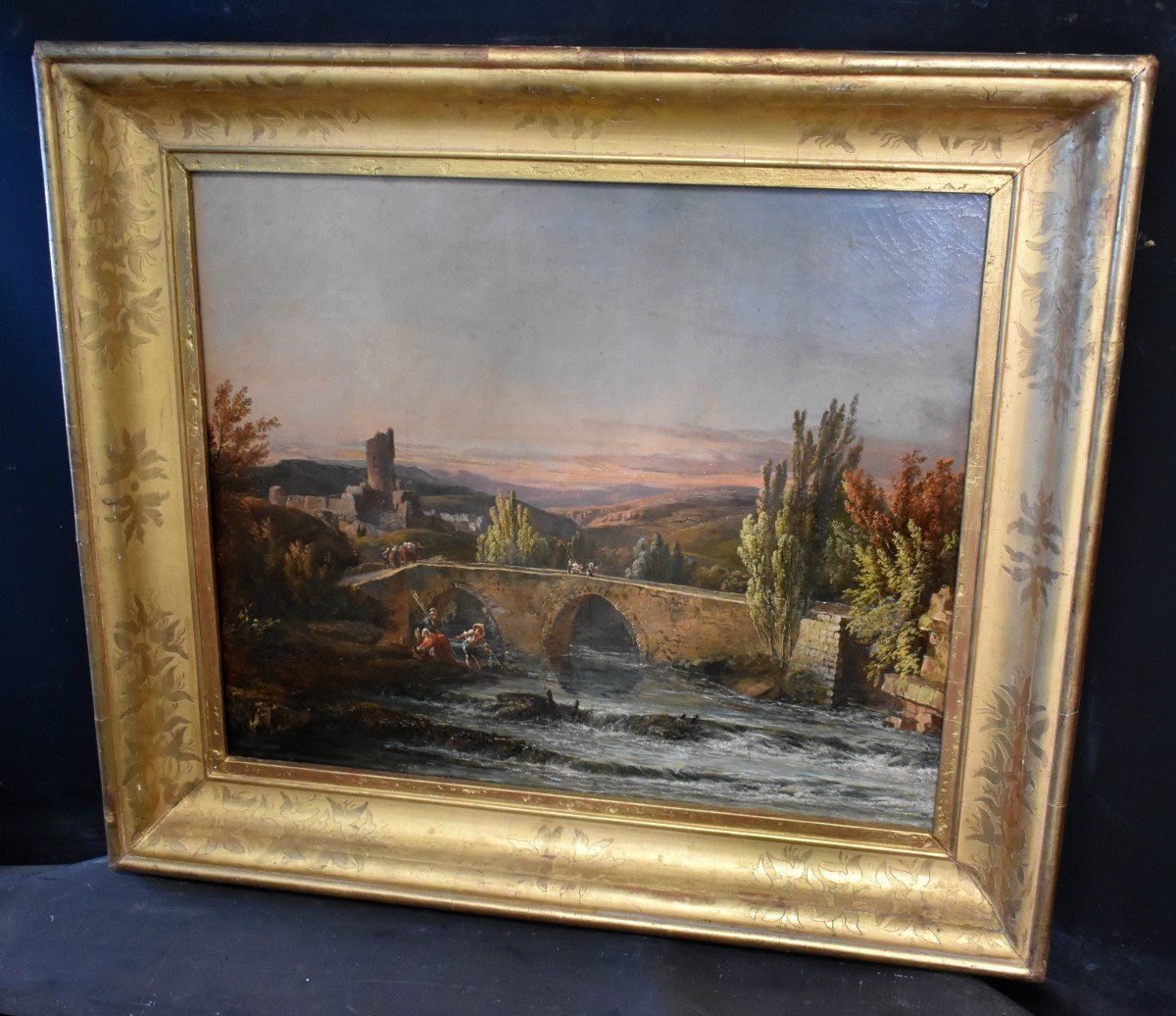 Oil Painting Animated Landscape Characters Fishermen, Fish Signed Italian School 19th-photo-1
