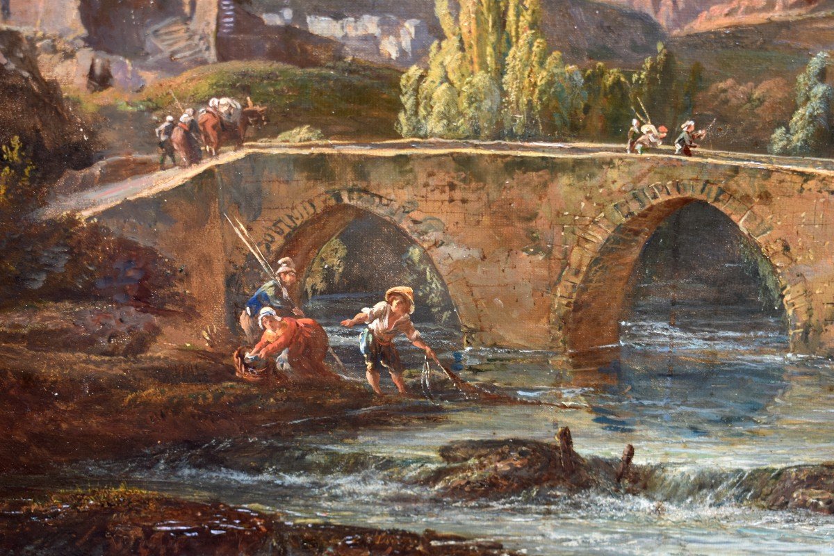 Oil Painting Animated Landscape Characters Fishermen, Fish Signed Italian School 19th-photo-4