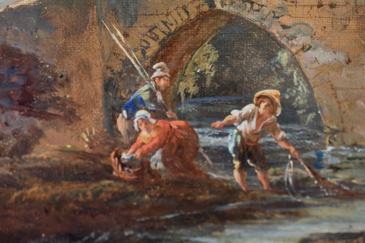 Oil Painting Animated Landscape Characters Fishermen, Fish Signed Italian School 19th-photo-5