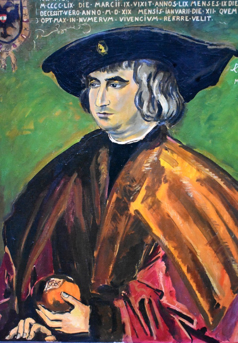 Tableau Huile Portrait Maximilien 1er d' Après Dürer Signé Renée Aspe (1929-1969)-photo-3