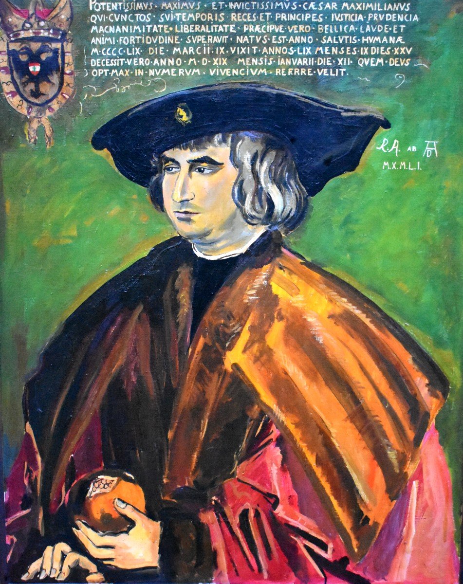 Tableau Huile Portrait Maximilien 1er d' Après Dürer Signé Renée Aspe (1929-1969)