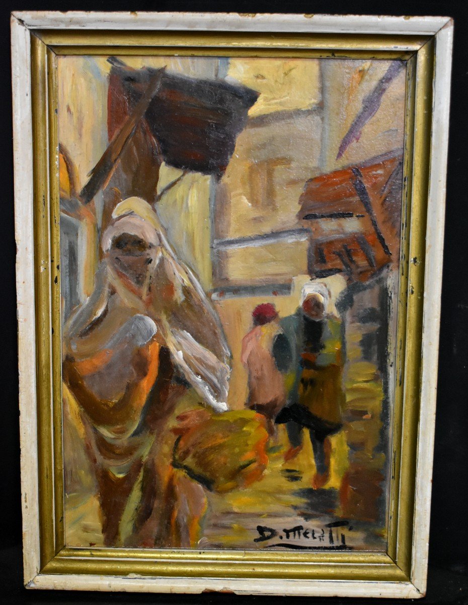 Tableau Huile Scène De Rue Orientaliste Maroc Signé Dario Mecatti (1909-1976) Début XXème