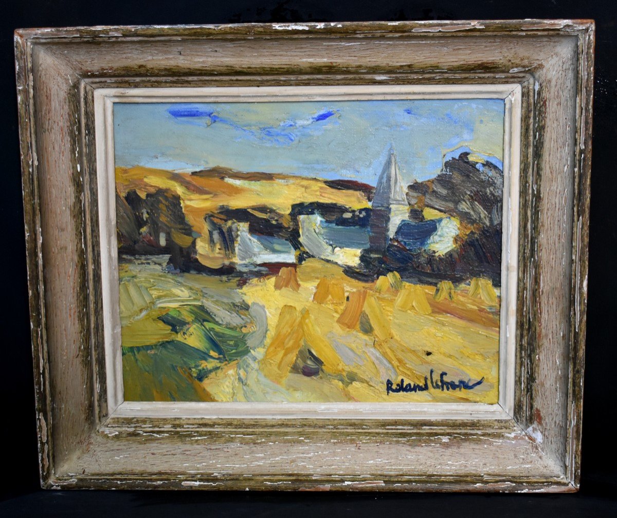 Oil Painting View Of Meuvaines Summer Normandy Signed Roland Lefranc (1931-2000)