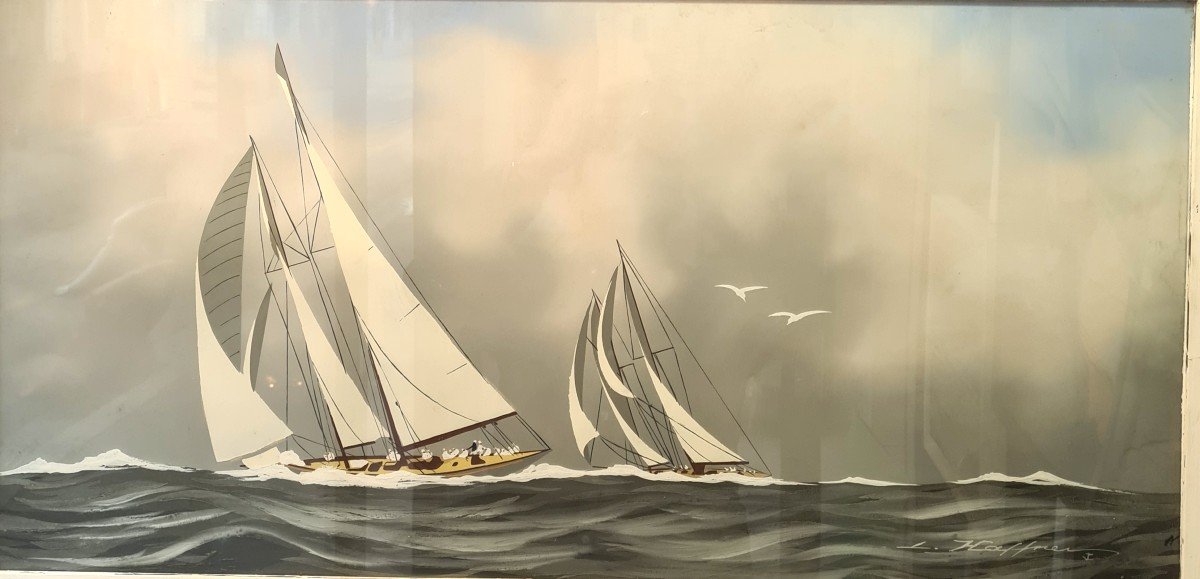 Tableau Marine Régate Course Signé Léon Haffner XXème-photo-2