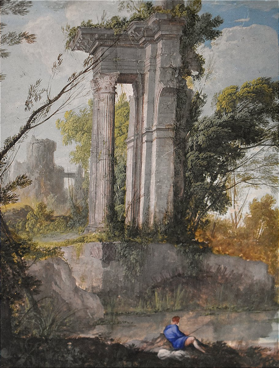 Tableau Gouache Caprices Architecturaux Animés Signé Pierre-antoine Patel ( 1648 - 15 Mars)-photo-1