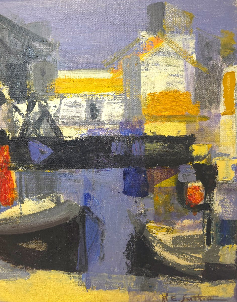 Tableau Huile Port Marin Bretagne Signé Maurice élie Sarthou XXème-photo-1