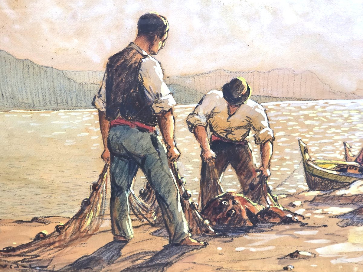 Tableau Gouache Pêcheurs Corses Signé Gustave Vidal (1895-1966)-photo-3