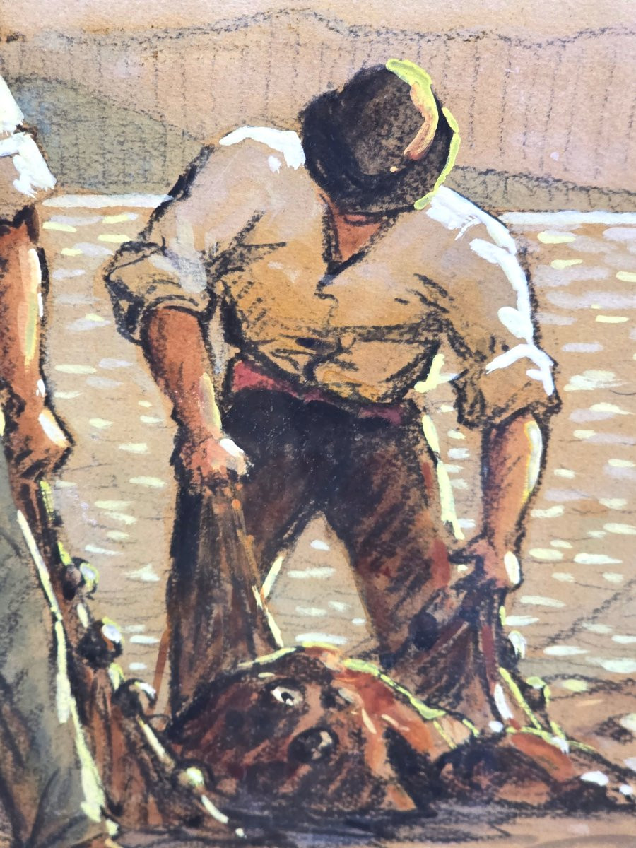 Tableau Gouache Pêcheurs Corses Signé Gustave Vidal (1895-1966)-photo-3