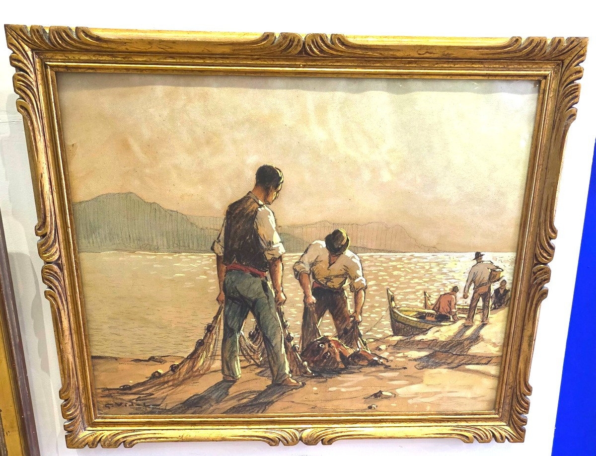 Tableau Gouache Pêcheurs Corses Signé Gustave Vidal (1895-1966)