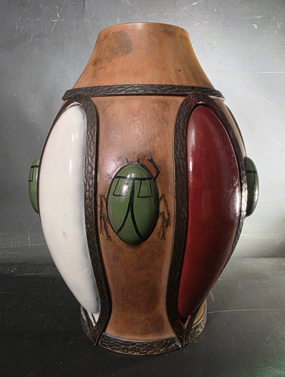 Ceramic Vase With Iron Frame Decorated With Scarabs, Art Deco Period, 1930s-photo-2