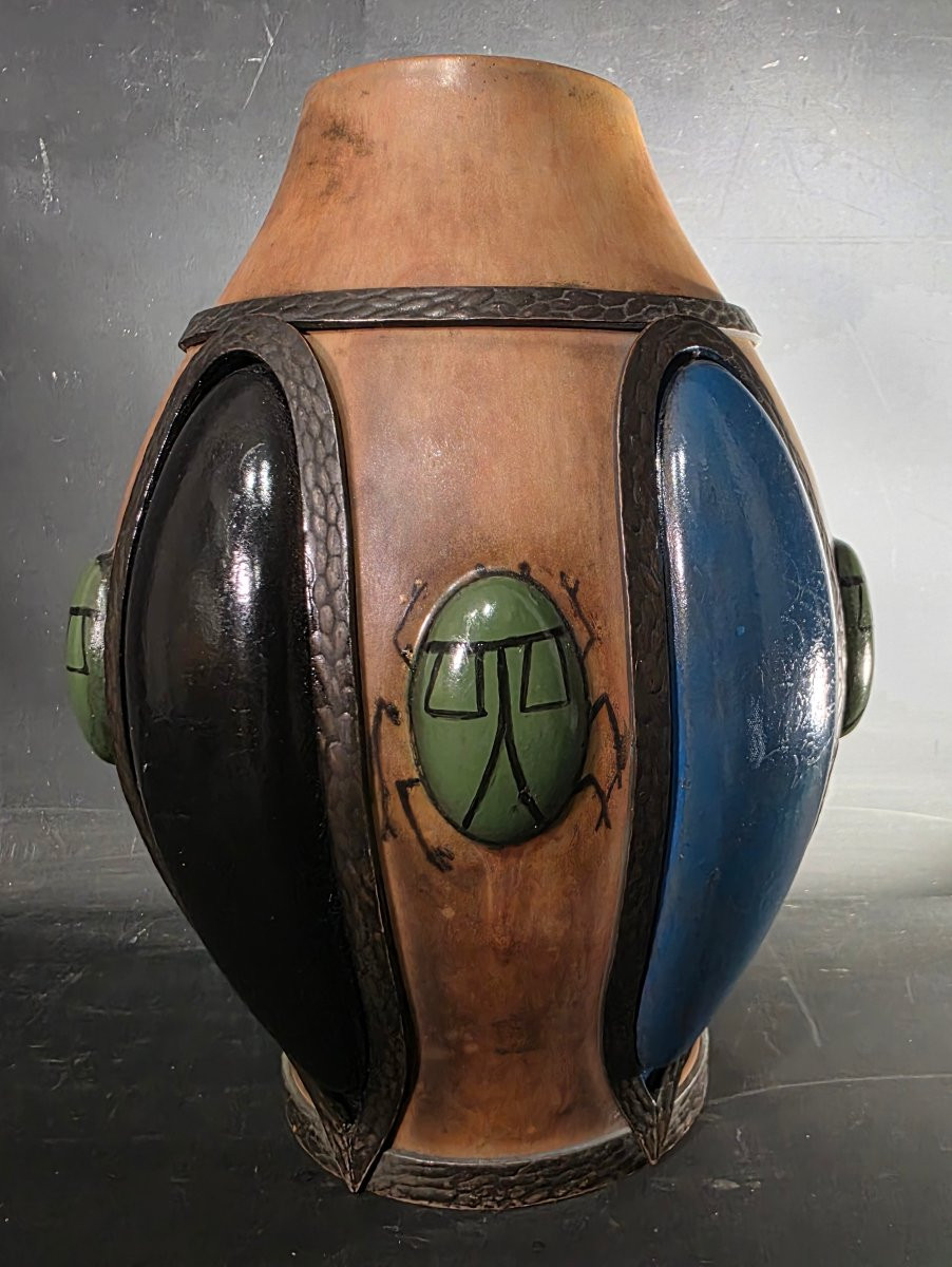 Ceramic Vase With Iron Frame Decorated With Scarabs, Art Deco Period, 1930s-photo-4