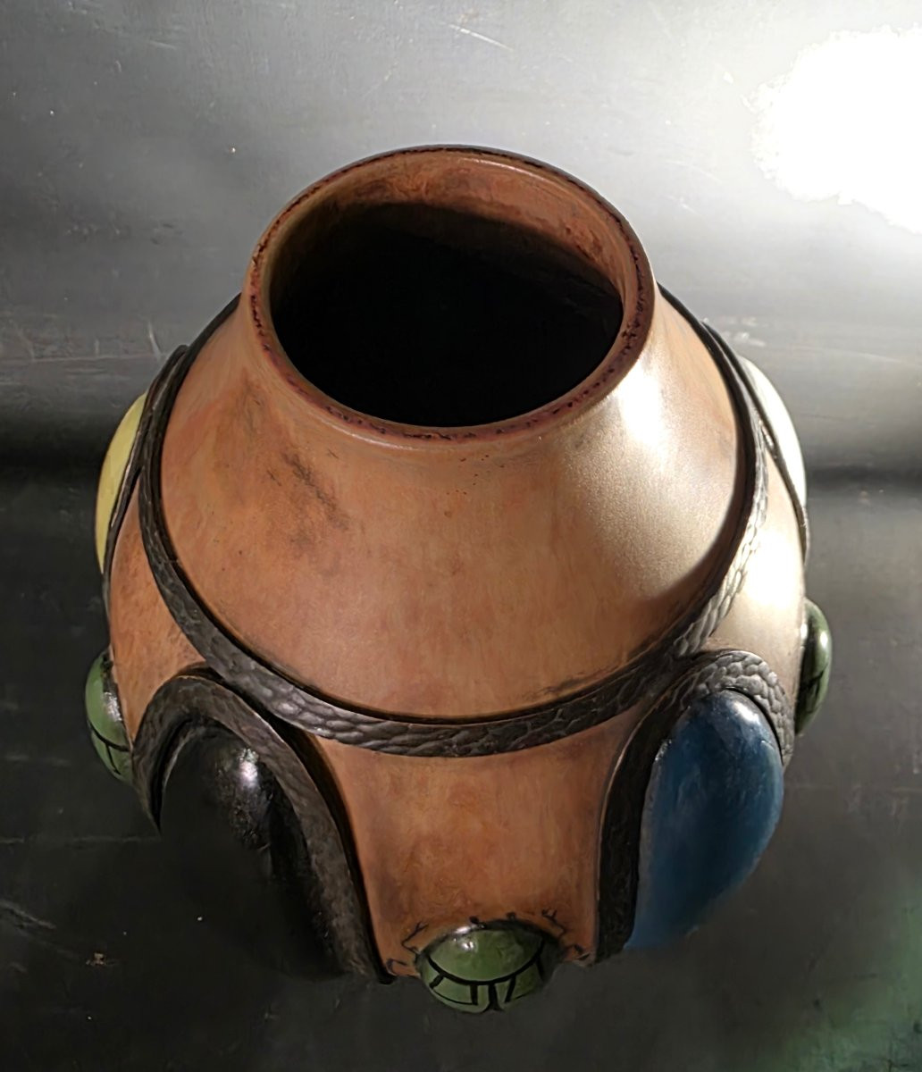 Ceramic Vase With Iron Frame Decorated With Scarabs, Art Deco Period, 1930s-photo-1