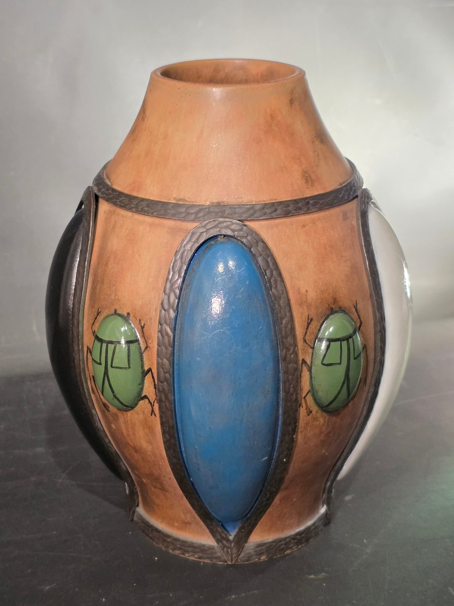 Ceramic Vase With Iron Frame Decorated With Scarabs, Art Deco Period, 1930s