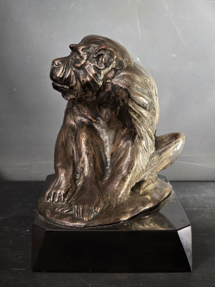 Sculpture animalière singe en bronze argenté signé époque Art Déco-photo-3