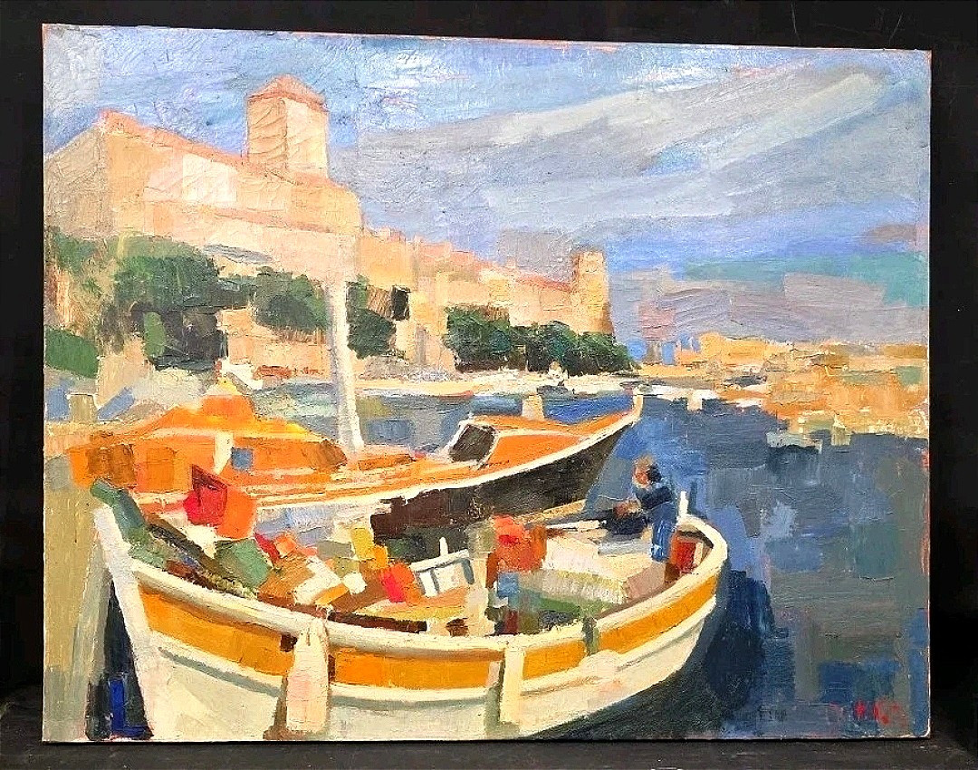Oil Painting Seaside Boats Cubism Signed Jan Jacob Kate III (1914-1996)