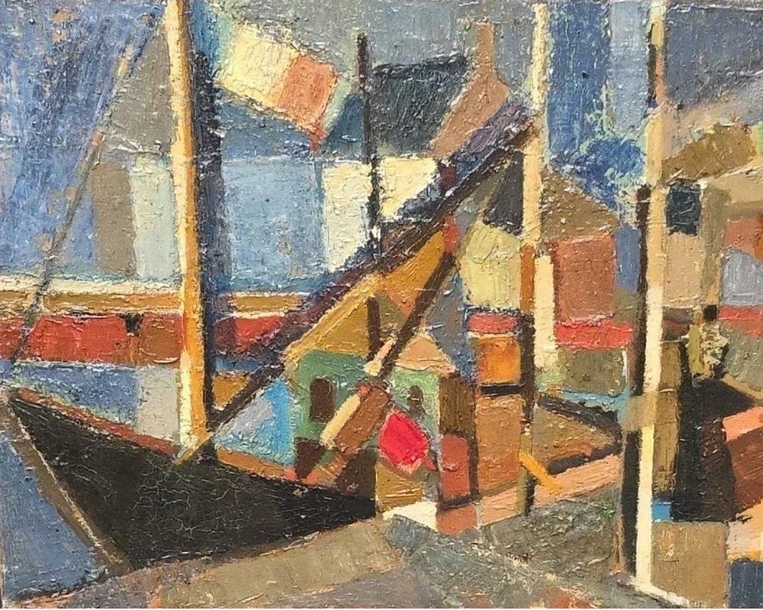 Tableau huile Bord de mer Cubisme atelier Jan Jacob KATE III (1914-1996)-photo-2