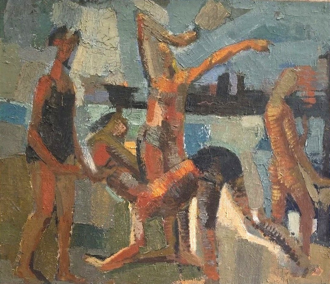 Tableau huile Baigeurs sur la plage Atelier Jan Jacob KATE III (1914-1996)-photo-2