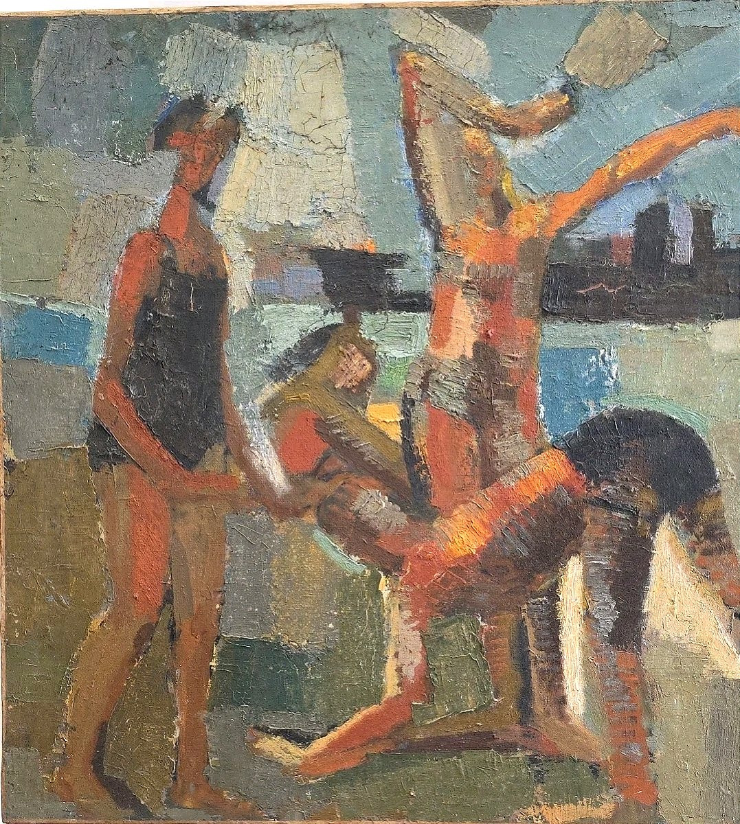 Tableau huile Baigeurs sur la plage Atelier Jan Jacob KATE III (1914-1996)-photo-3