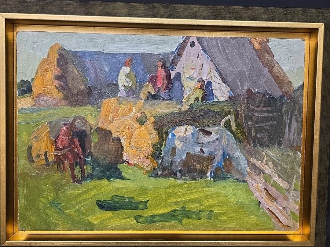 Tableau huile paysage Ferme école Ukrainienne XXème-photo-2