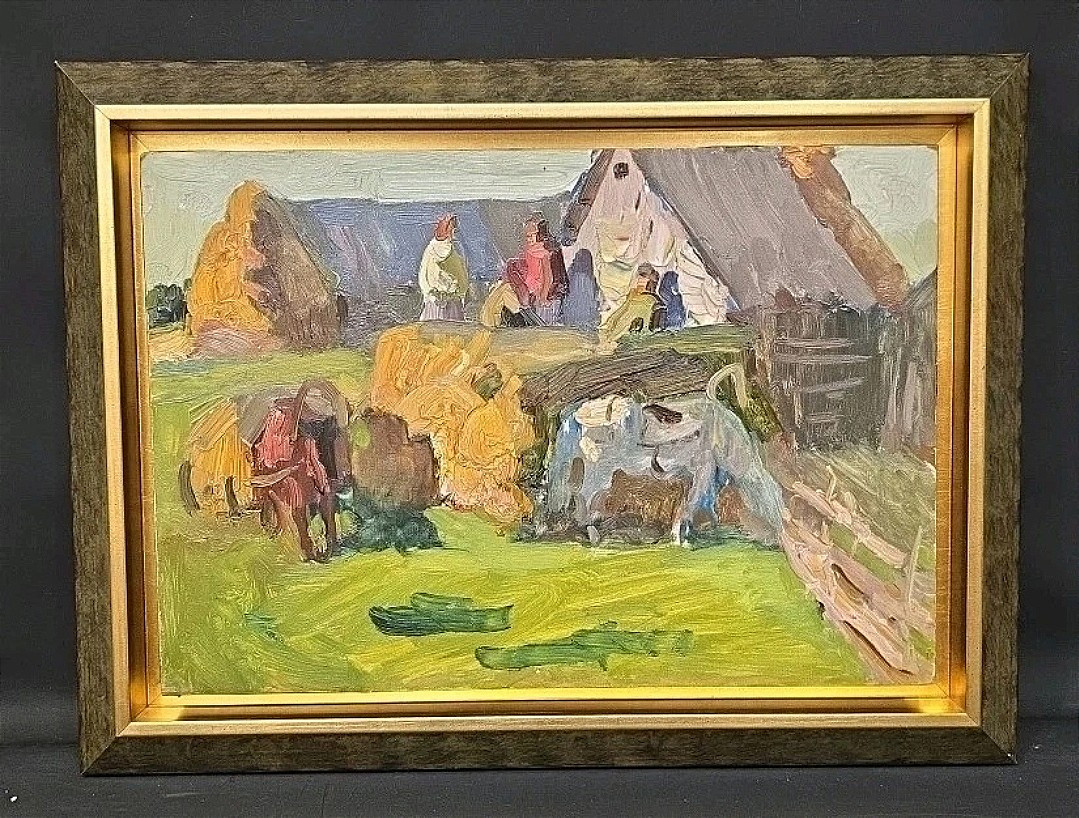 Tableau huile paysage Ferme école Ukrainienne XXème