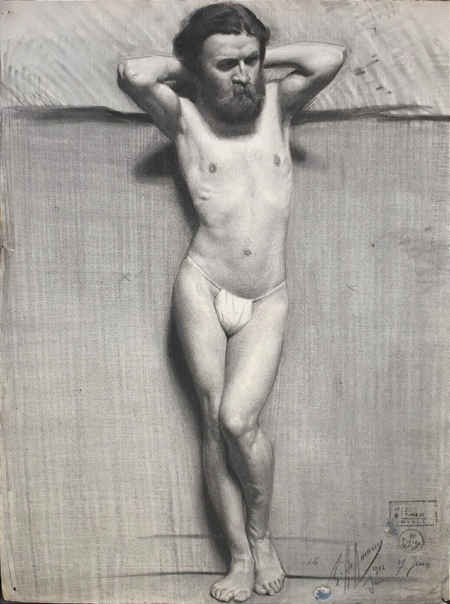 Dessin ancien crayon Homme Nu Académique signé Gaston Hoffmann XIXème-photo-2