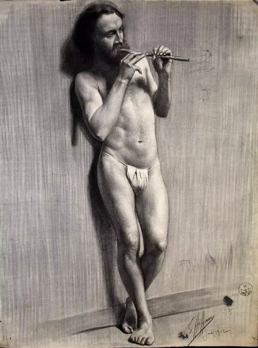 Dessin ancien crayon Homme Nu Académique signé Gaston Hoffmann XIXème-photo-2