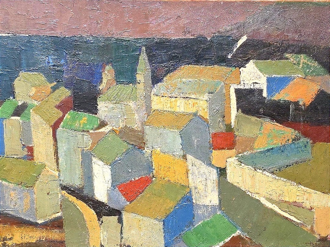 Oil Painting Village Cubism Workshop Jan Jacob Kate III (1914-1996)-photo-3