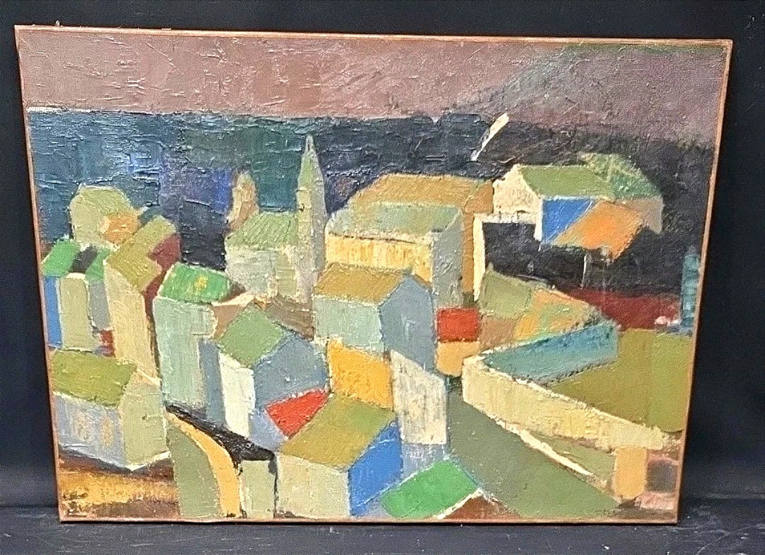 Oil Painting Village Cubism Workshop Jan Jacob Kate III (1914-1996)